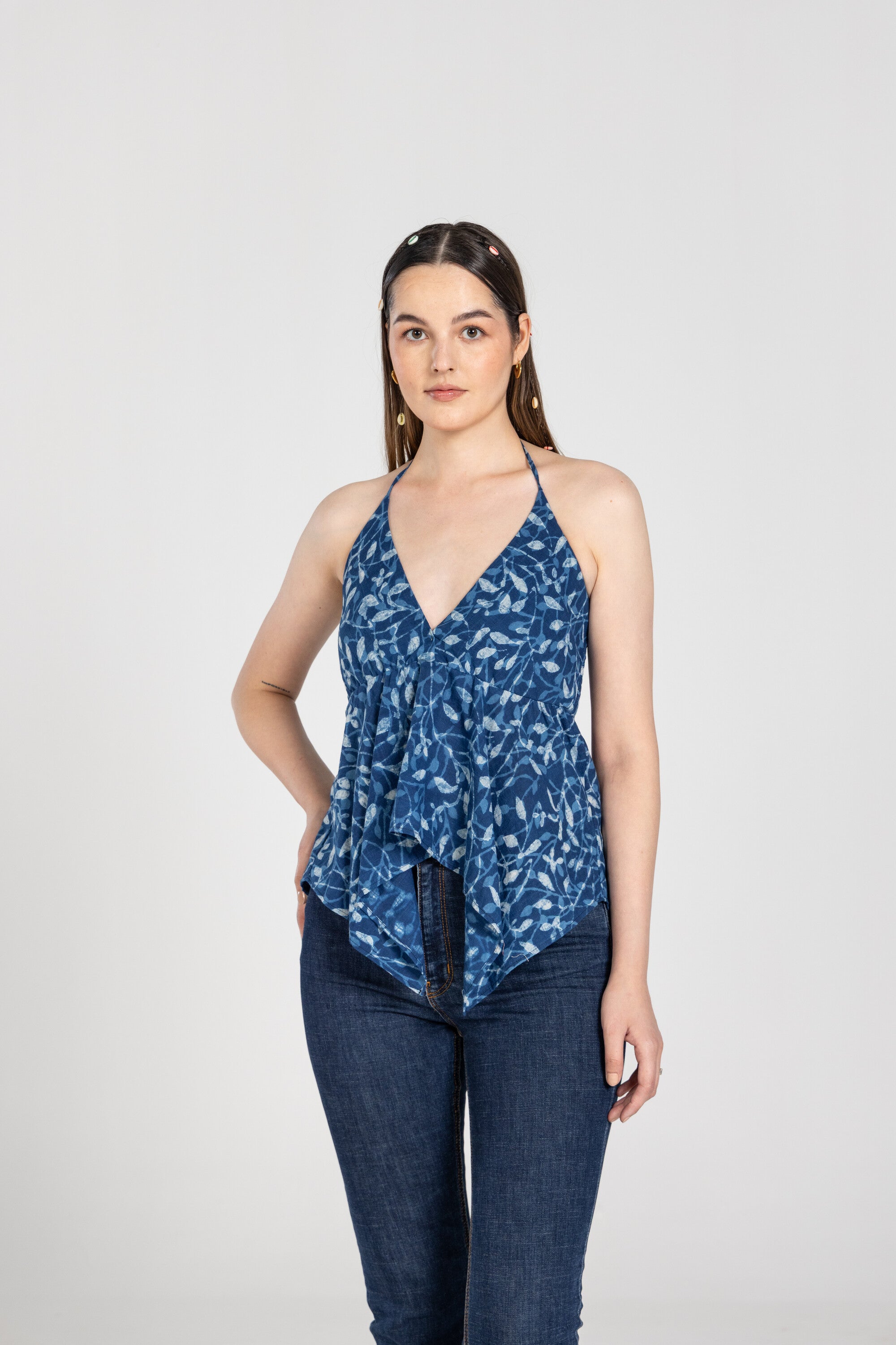 Navy Blue Halter Top With Necktie | Past Modern at Broadway