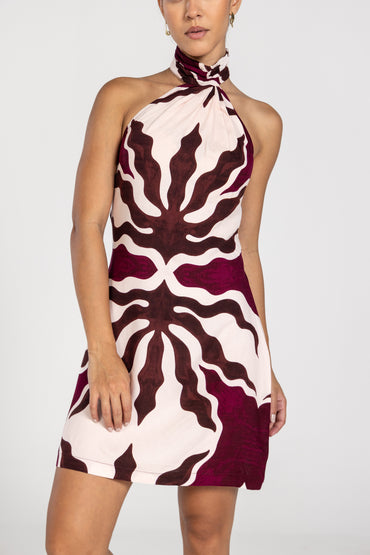 Abstract Plum Scarf Wrap Mini Dress