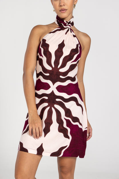 Abstract Plum Scarf Wrap Mini Dress