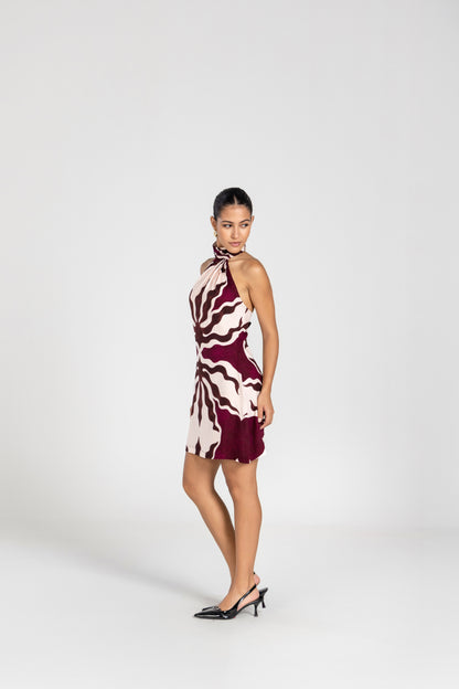 Abstract Plum Scarf Wrap Mini Dress