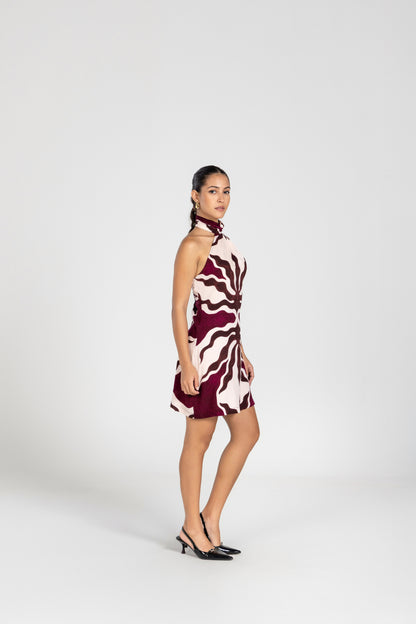 Abstract Plum Scarf Wrap Mini Dress