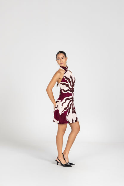Abstract Plum Scarf Wrap Mini Dress