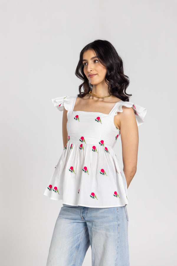 Parrot Peony Ruffle Sleeve Top