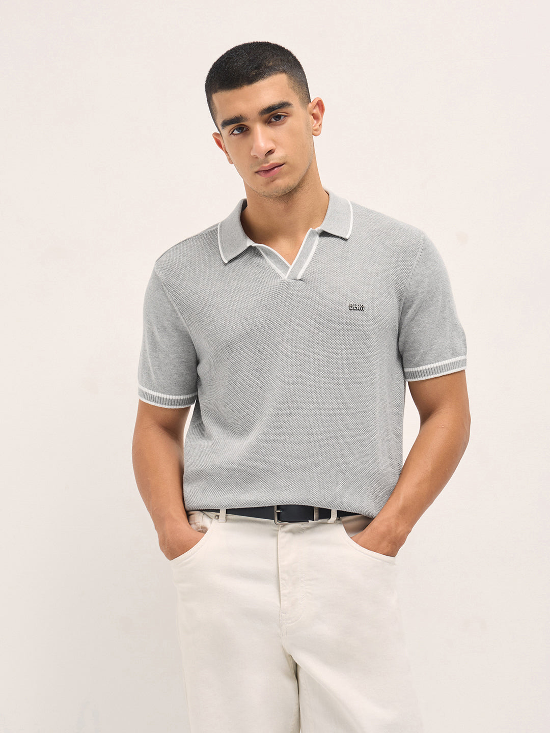 Men's Cotton Blend Textured Knitted Slim Fit Polo POL-BALTIC-GY