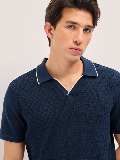 Men Cotton Regular Fit Textured Flat Knit Polo POL-CLASP-BL
