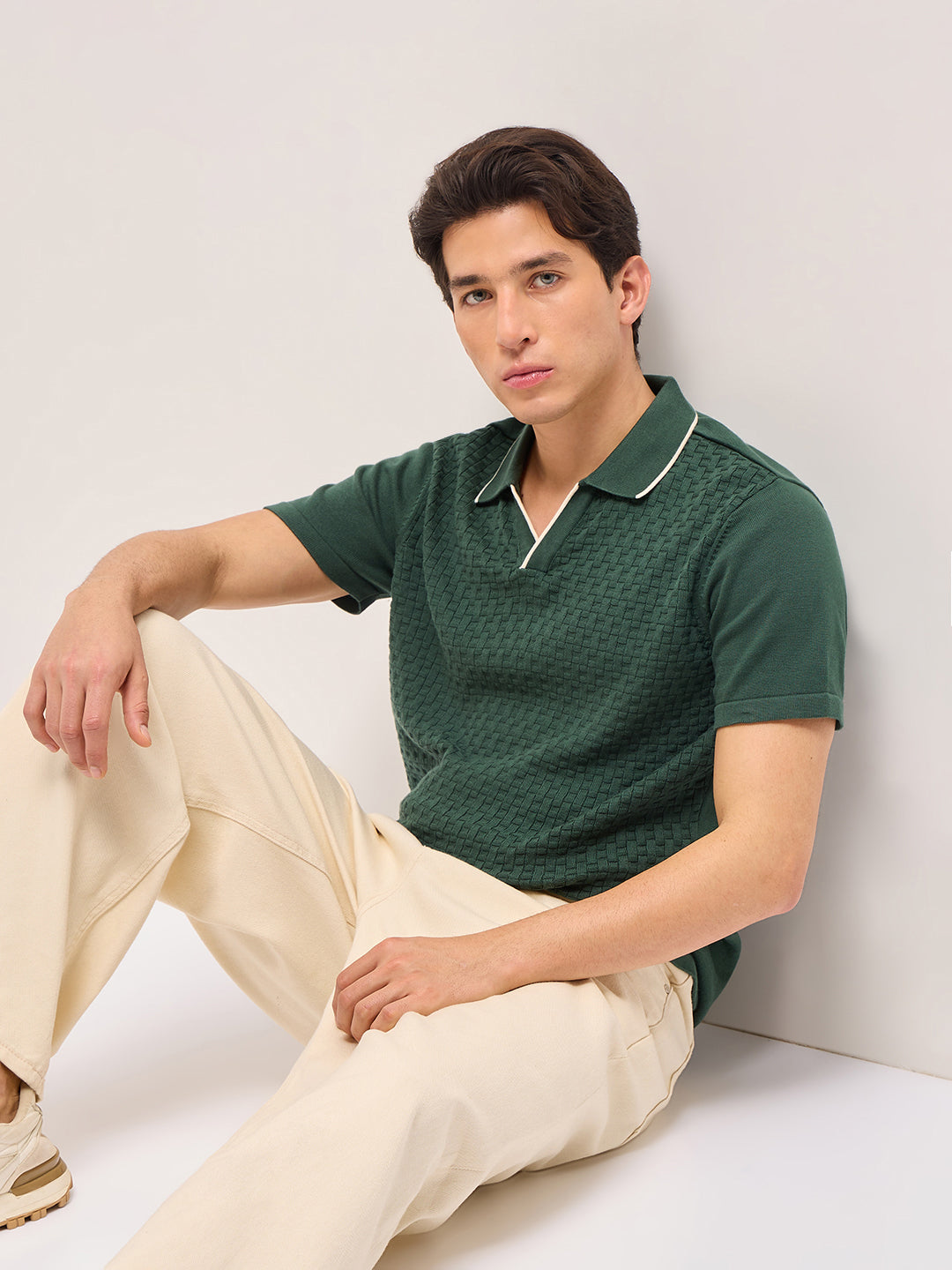 Men Cotton Regular Fit Textured Flat Knit Polo POL-CLASP-GR