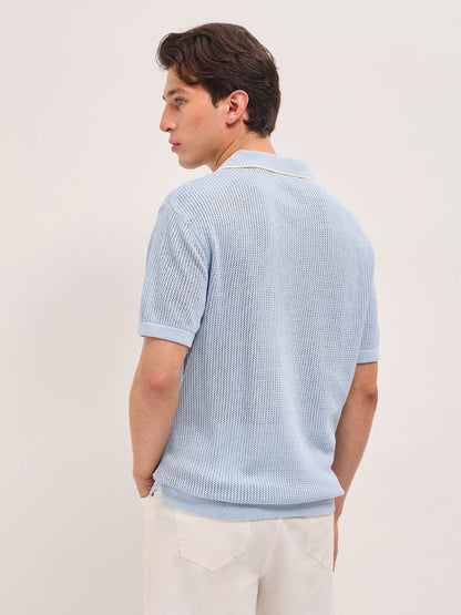 Men Cotton Relaxed Fit Textured Flat Knit Polo POL-CLAVIN-BL