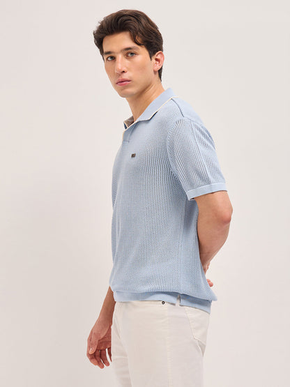 Men Cotton Relaxed Fit Textured Flat Knit Polo POL-CLAVIN-BL