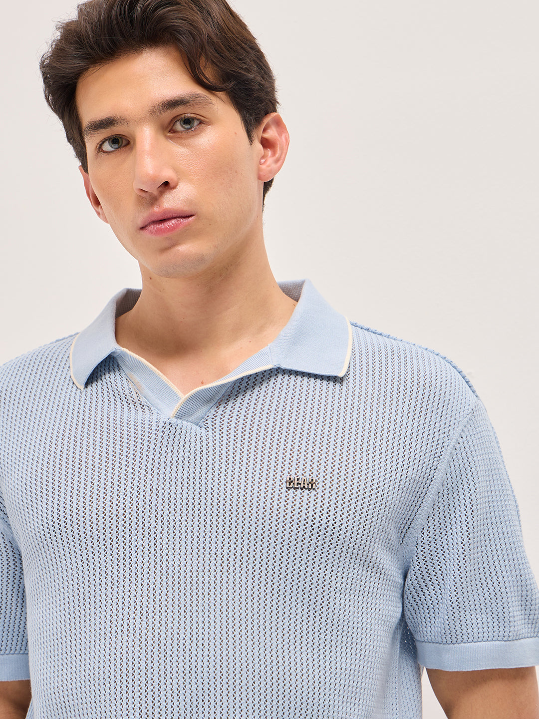 Men Cotton Relaxed Fit Textured Flat Knit Polo POL-CLAVIN-BL