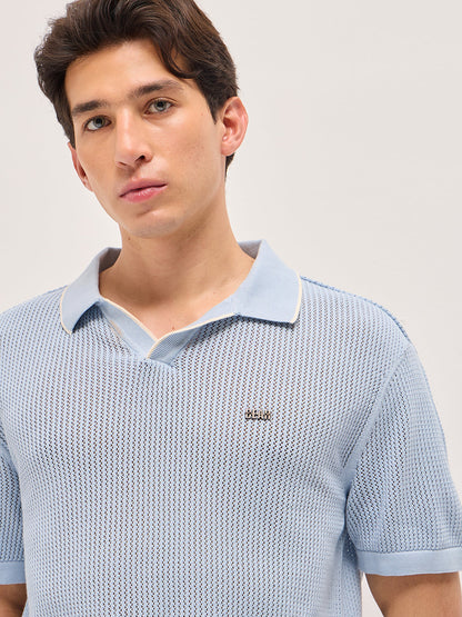 Men Cotton Relaxed Fit Textured Flat Knit Polo POL-CLAVIN-BL