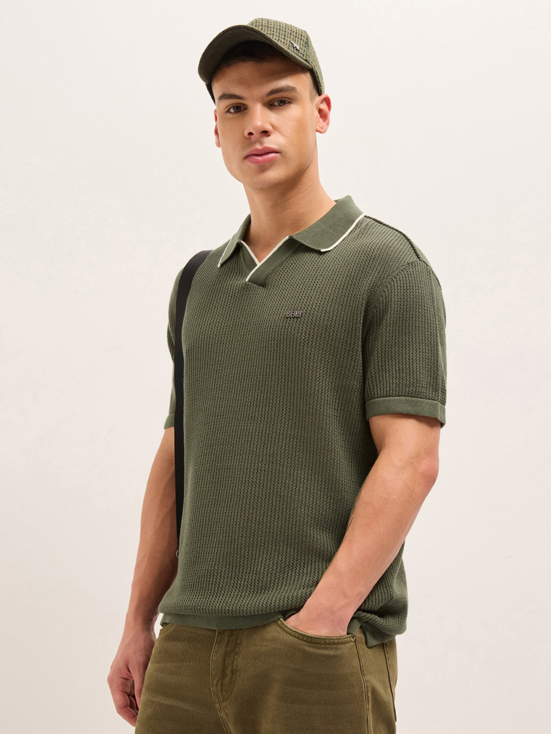 Men Cotton Relaxed Fit Textured Flat Knit Polo POL-CLAVIN-OL