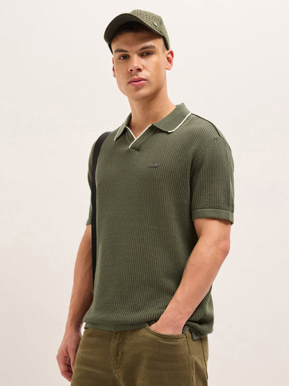 Men Cotton Relaxed Fit Textured Flat Knit Polo POL-CLAVIN-OL