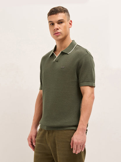 Men Cotton Relaxed Fit Textured Flat Knit Polo POL-CLAVIN-OL