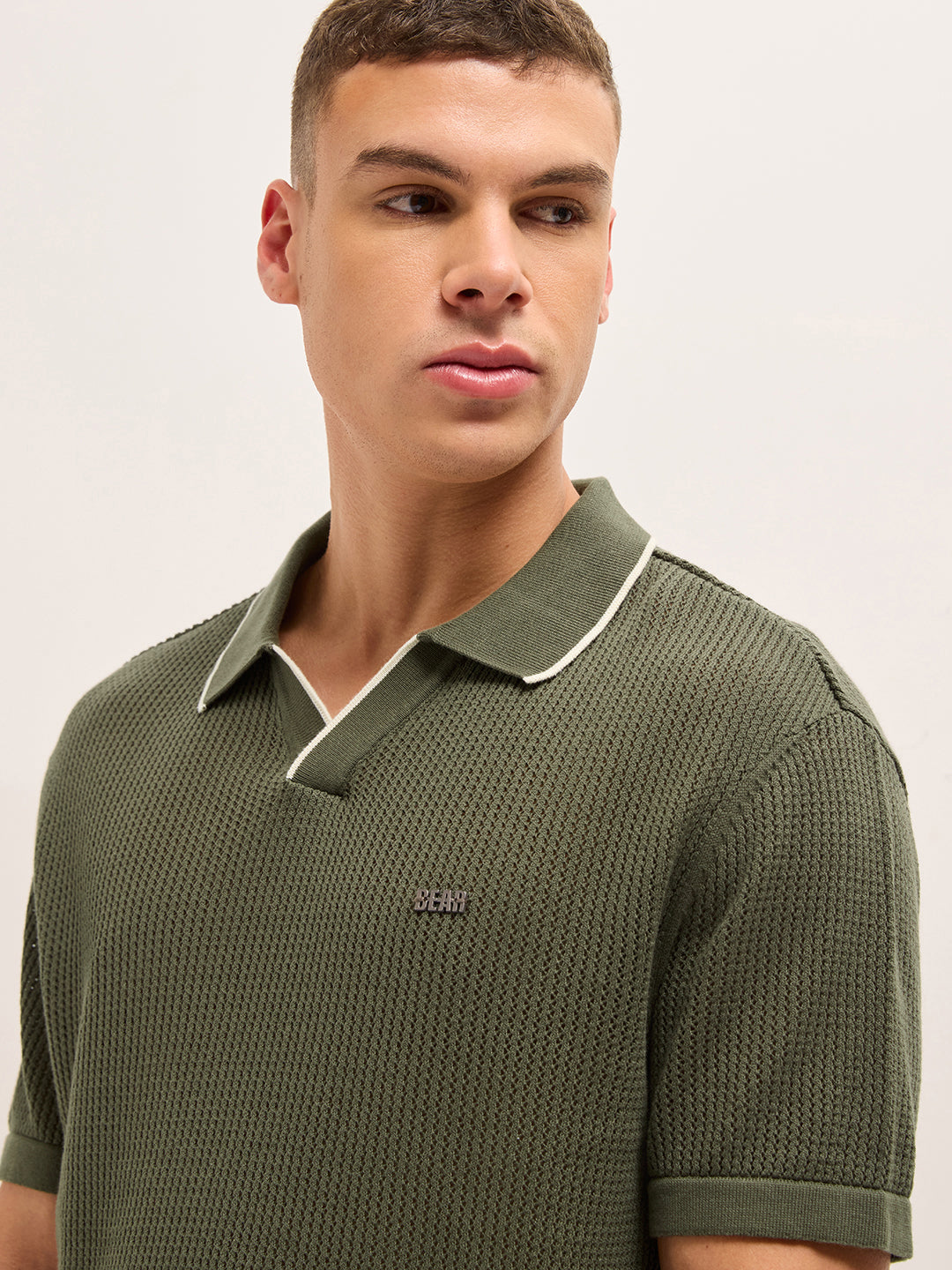 Men Cotton Relaxed Fit Textured Flat Knit Polo POL-CLAVIN-OL