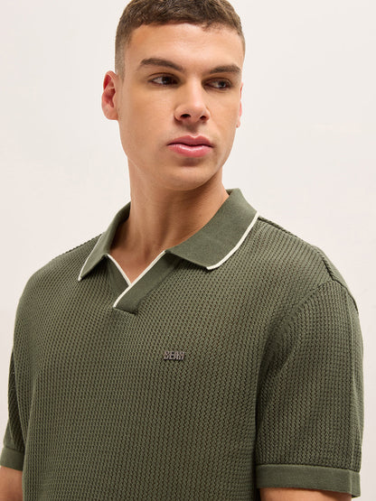 Men Cotton Relaxed Fit Textured Flat Knit Polo POL-CLAVIN-OL