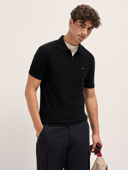 Men Cotton Textured Flat Knit Slim Fit Polo POL-COSTA-BK