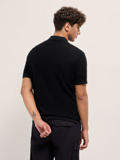 Men Cotton Textured Flat Knit Slim Fit Polo POL-COSTA-BK