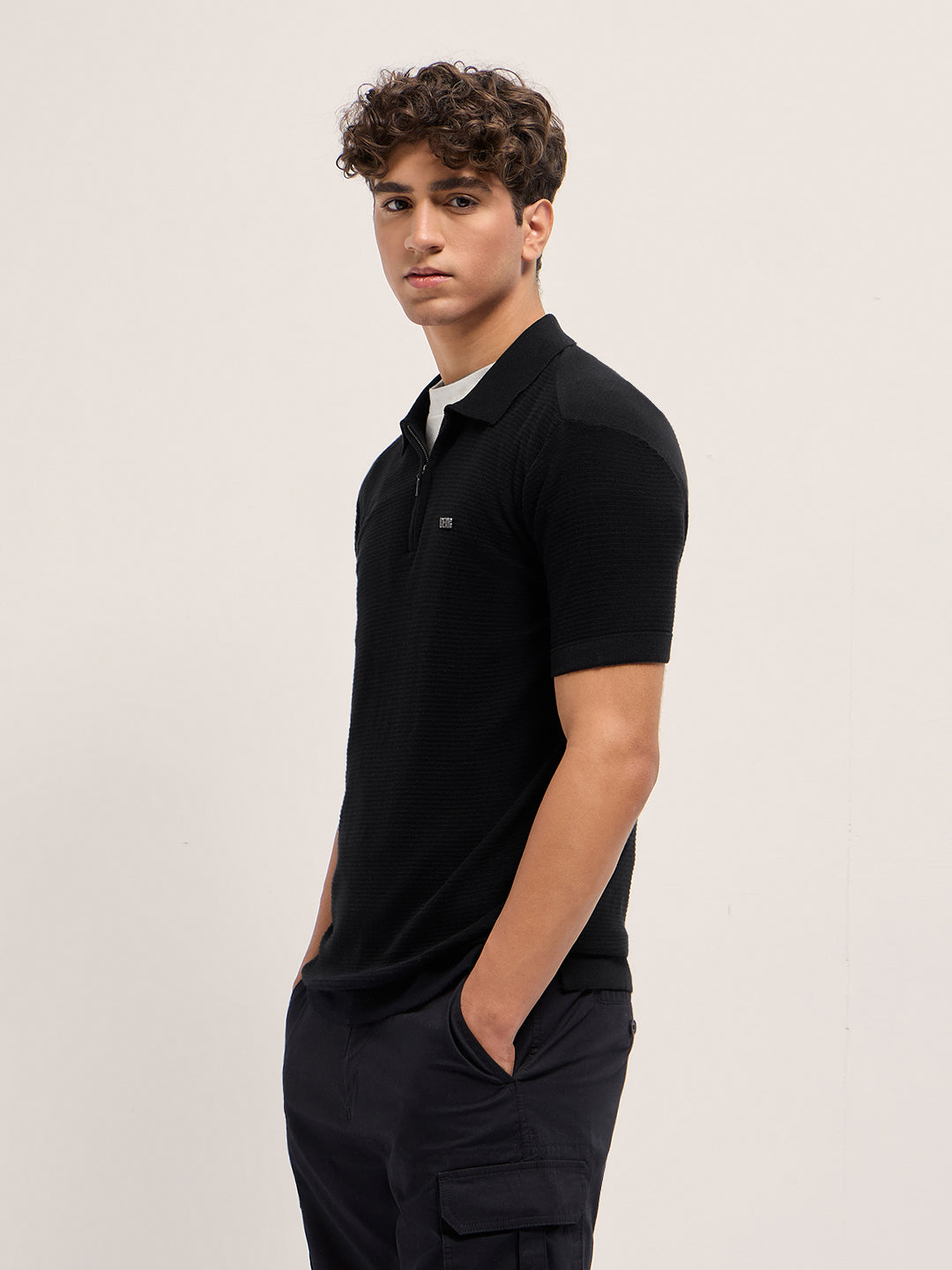 Men Cotton Textured Flat Knit Slim Fit Polo POL-COSTA-BK