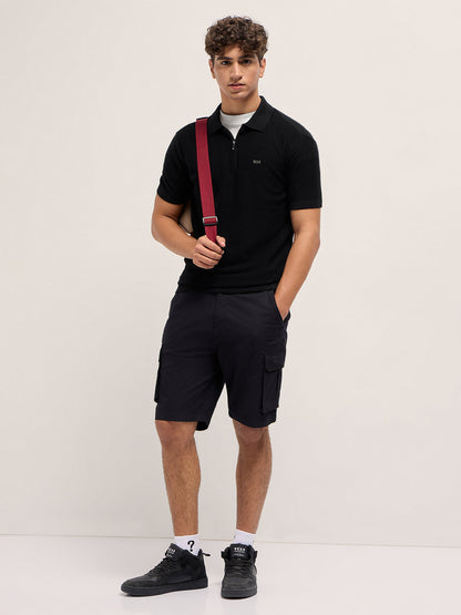 Men Cotton Textured Flat Knit Slim Fit Polo POL-COSTA-BK