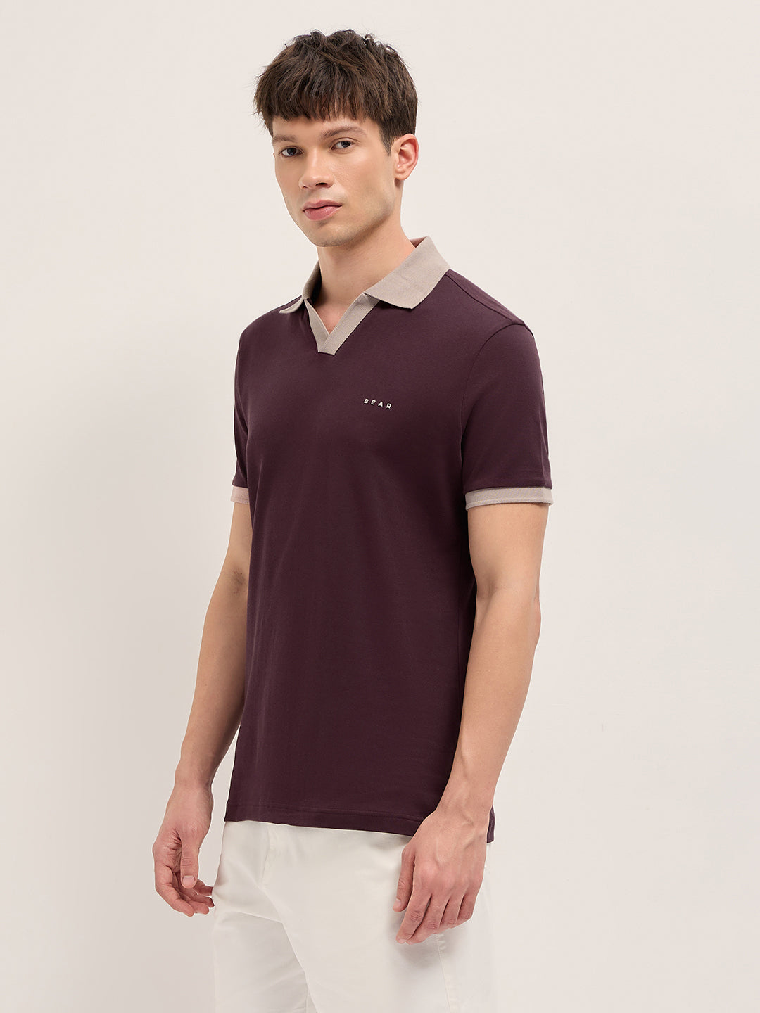 Men Solid Contrast Polo Neck Cotton T-Shirt | Bear House at Broadway