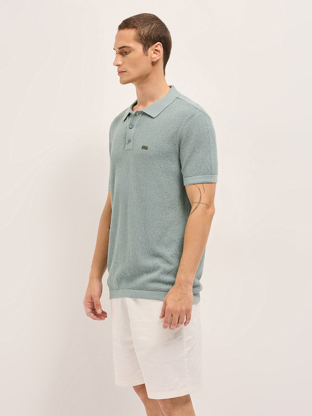 Men Solid Textured Flat Knit Regular Fit Polo POL-PEHES-GR