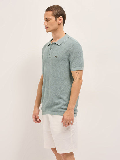 Men Solid Textured Flat Knit Regular Fit Polo POL-PEHES-GR