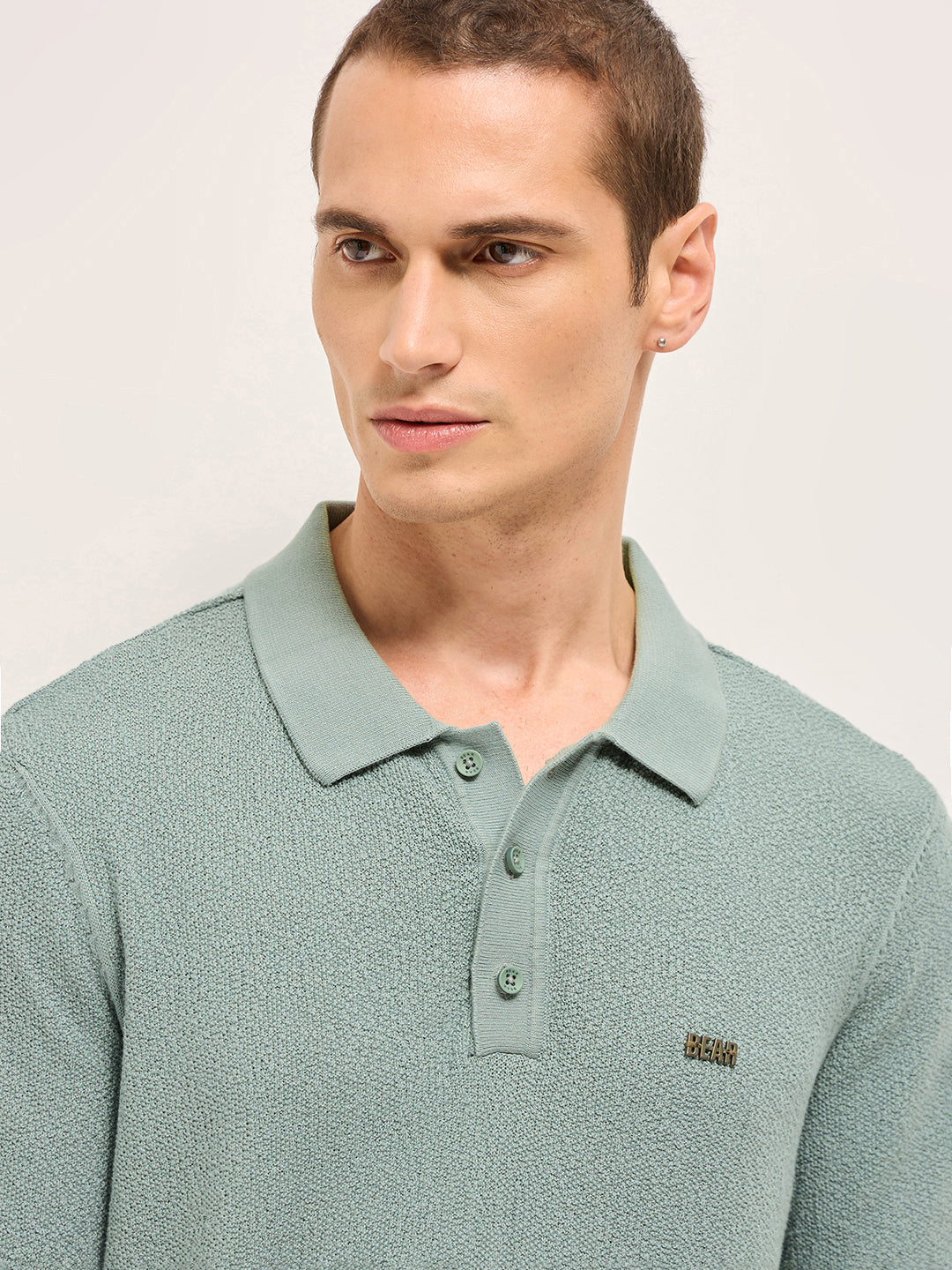 Men Solid Textured Flat Knit Regular Fit Polo POL-PEHES-GR