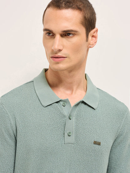 Men Solid Textured Flat Knit Regular Fit Polo POL-PEHES-GR
