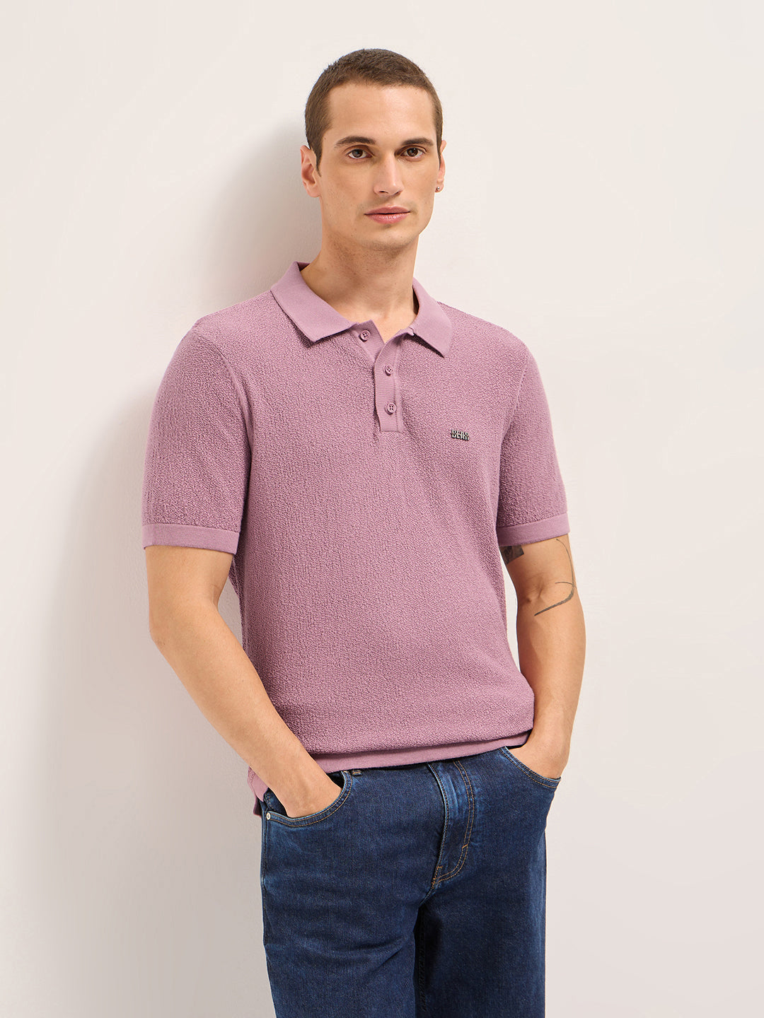 Men Solid Textured Flat Knit Regular Fit Polo POL-PEHES-PK
