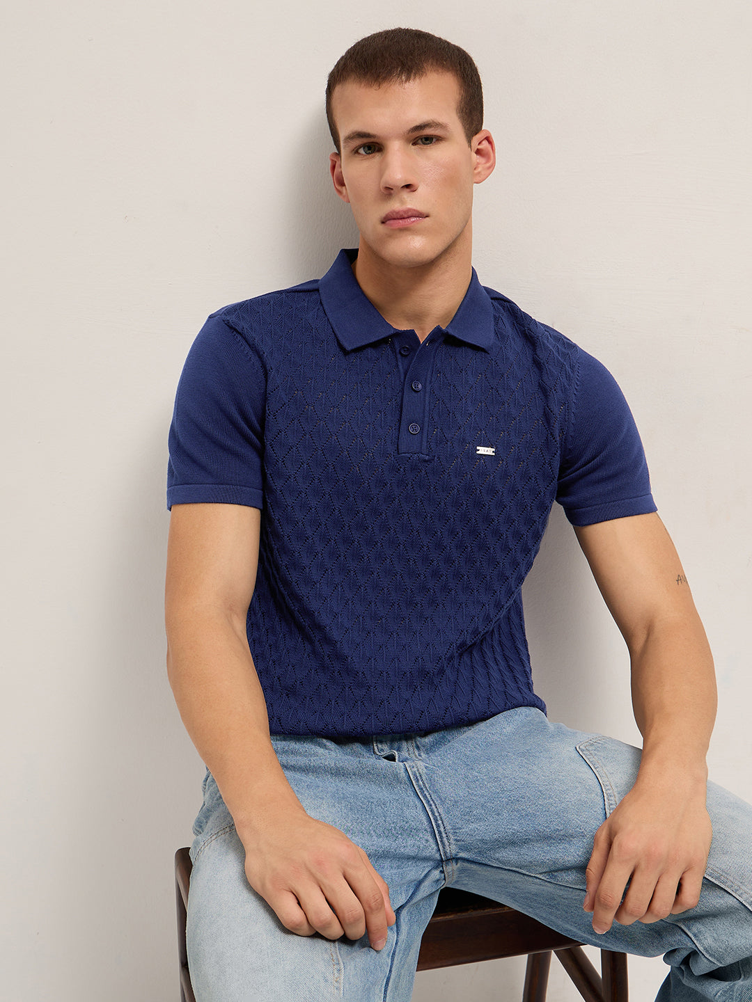 Men Pure Cotton Diamond Textured Flat Knit Slim Fit Polo POL-PERAD-BL