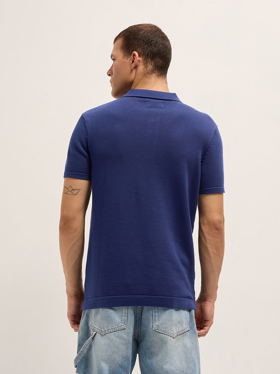 Men Pure Cotton Diamond Textured Flat Knit Slim Fit Polo POL-PERAD-BL