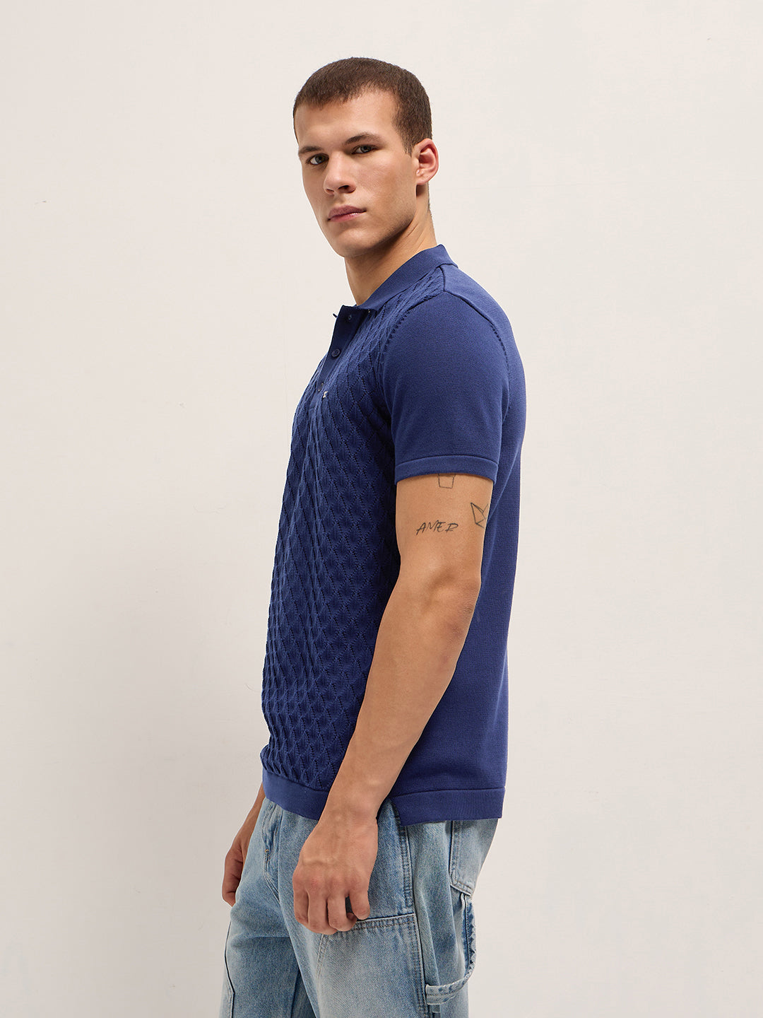 Men Pure Cotton Diamond Textured Flat Knit Slim Fit Polo POL-PERAD-BL