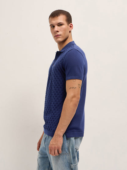 Men Pure Cotton Diamond Textured Flat Knit Slim Fit Polo POL-PERAD-BL