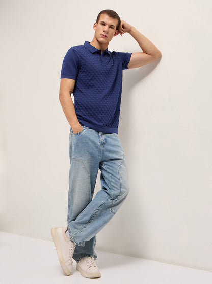 Men Pure Cotton Diamond Textured Flat Knit Slim Fit Polo POL-PERAD-BL