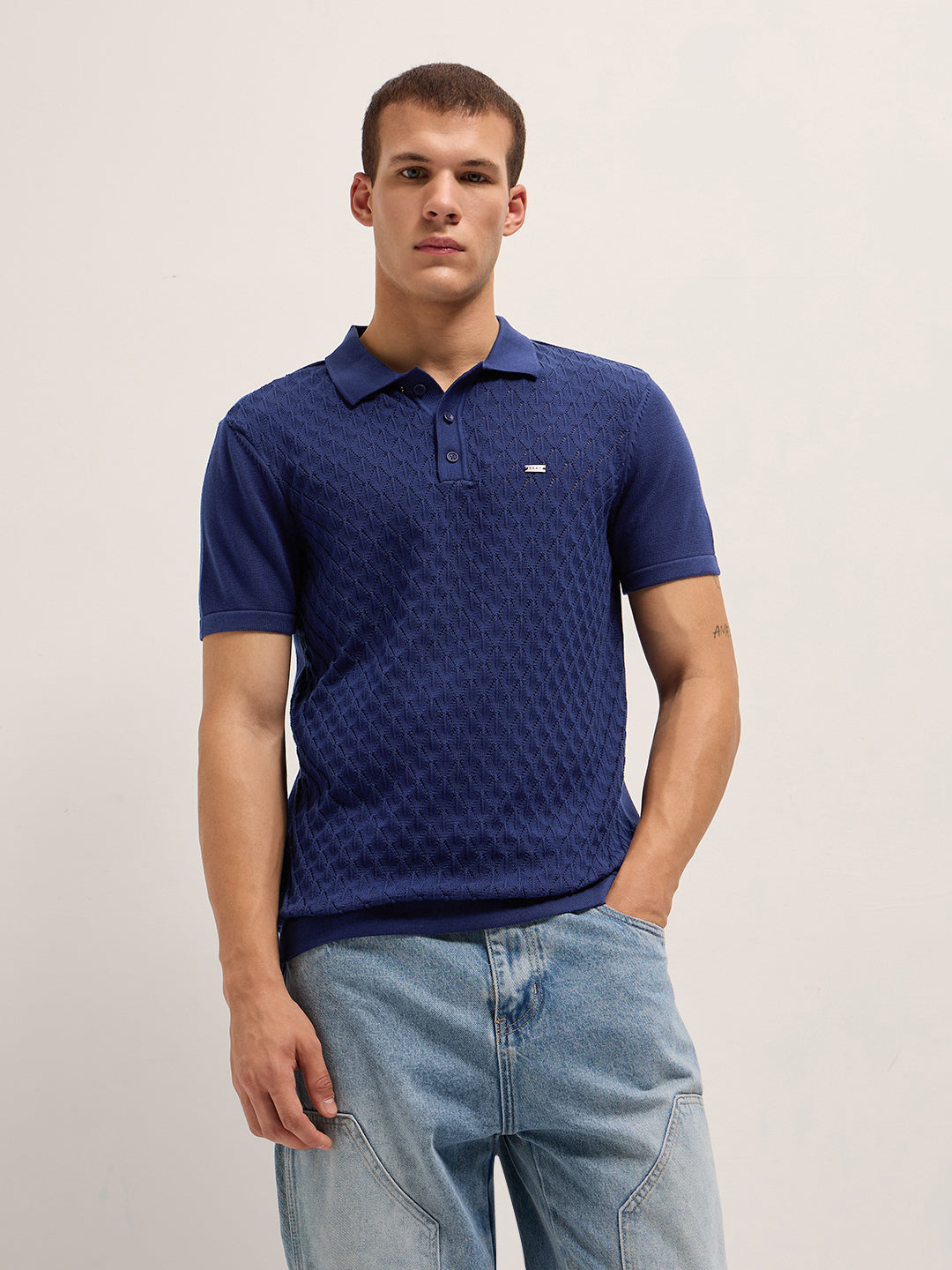 Men Pure Cotton Diamond Textured Flat Knit Slim Fit Polo POL-PERAD-BL