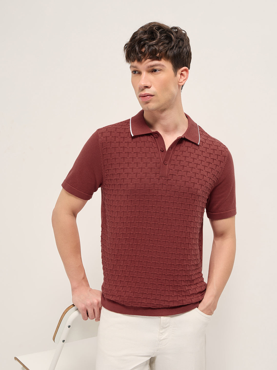 Men Cotton Geometric Textured Knit Polo Shirt POL-SLICE-RD