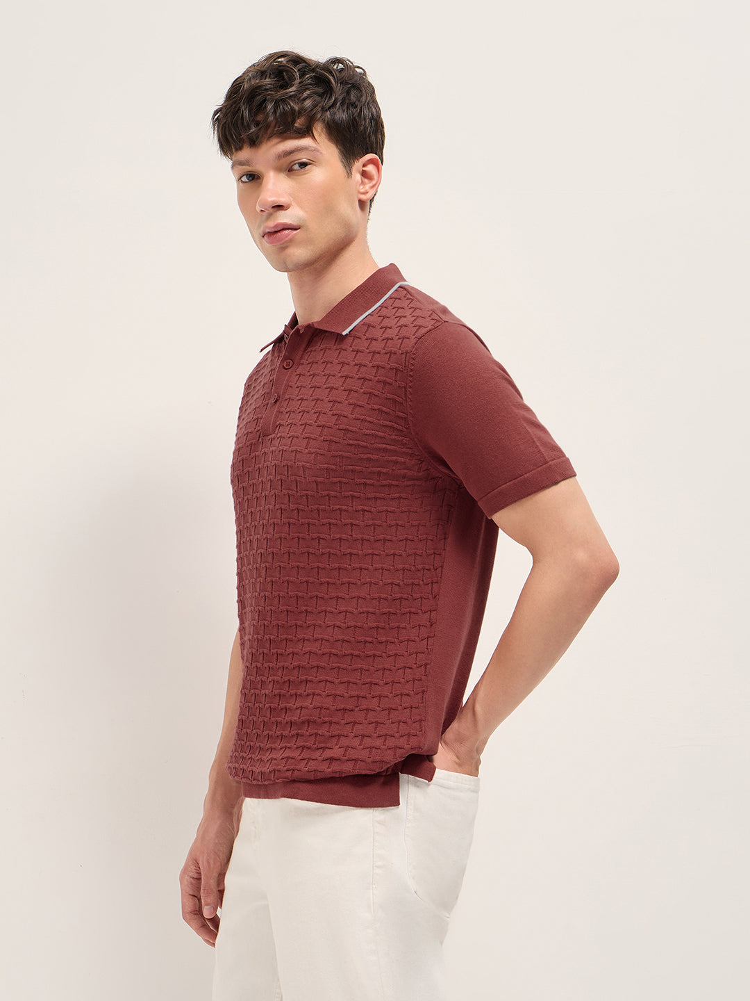 Men Cotton Geometric Textured Knit Polo Shirt POL-SLICE-RD