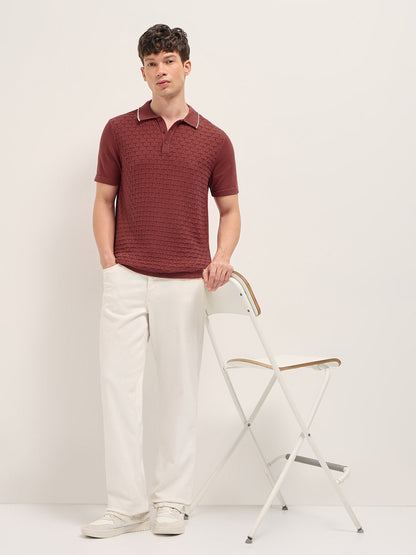 Men Cotton Geometric Textured Knit Polo Shirt POL-SLICE-RD