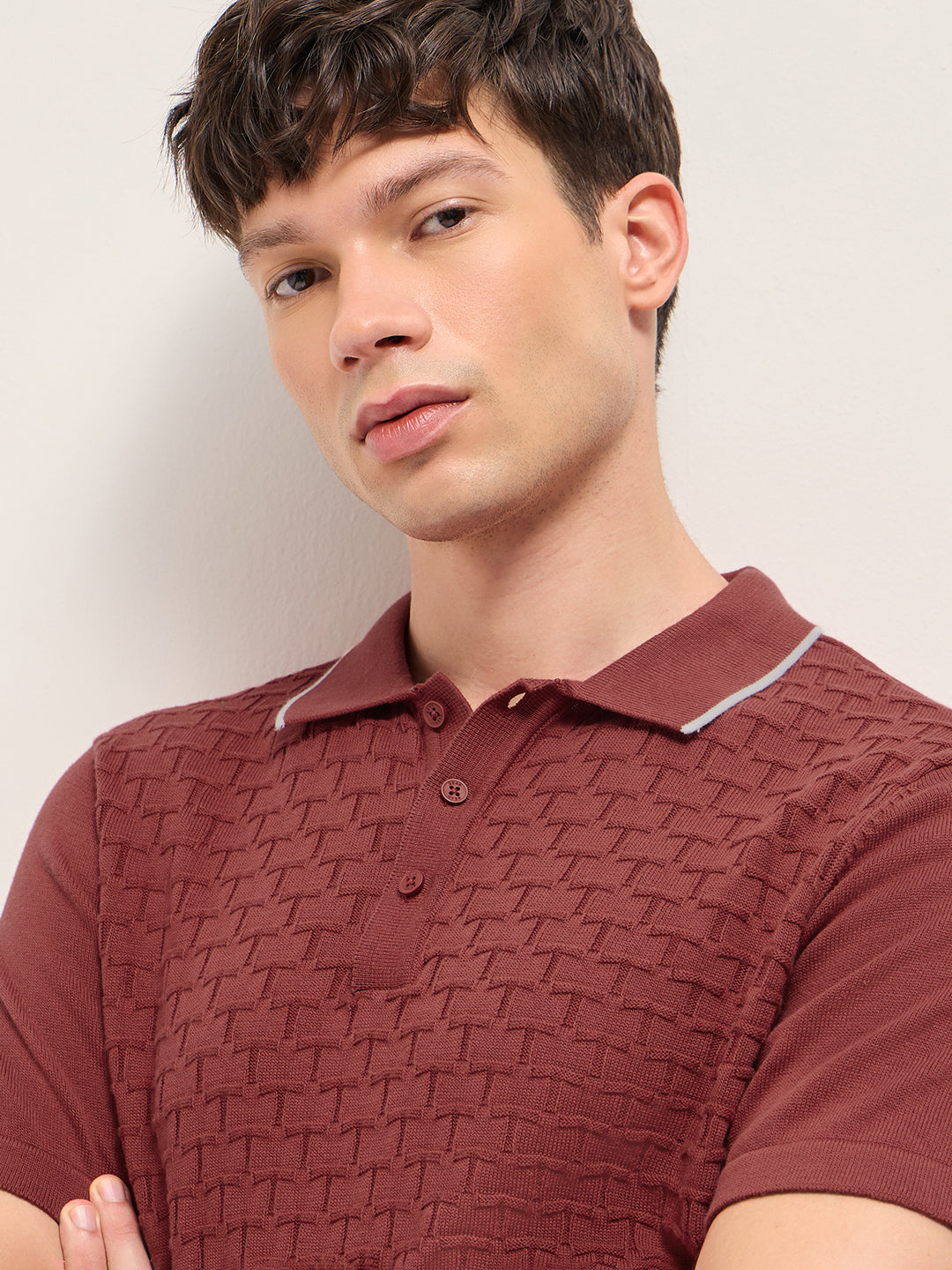 Men Cotton Geometric Textured Knit Polo Shirt POL-SLICE-RD