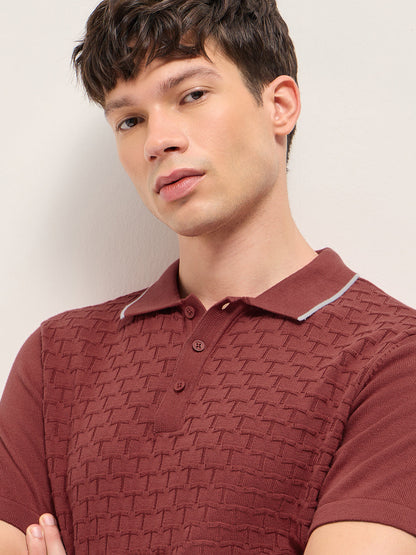 Men Cotton Geometric Textured Knit Polo Shirt POL-SLICE-RD
