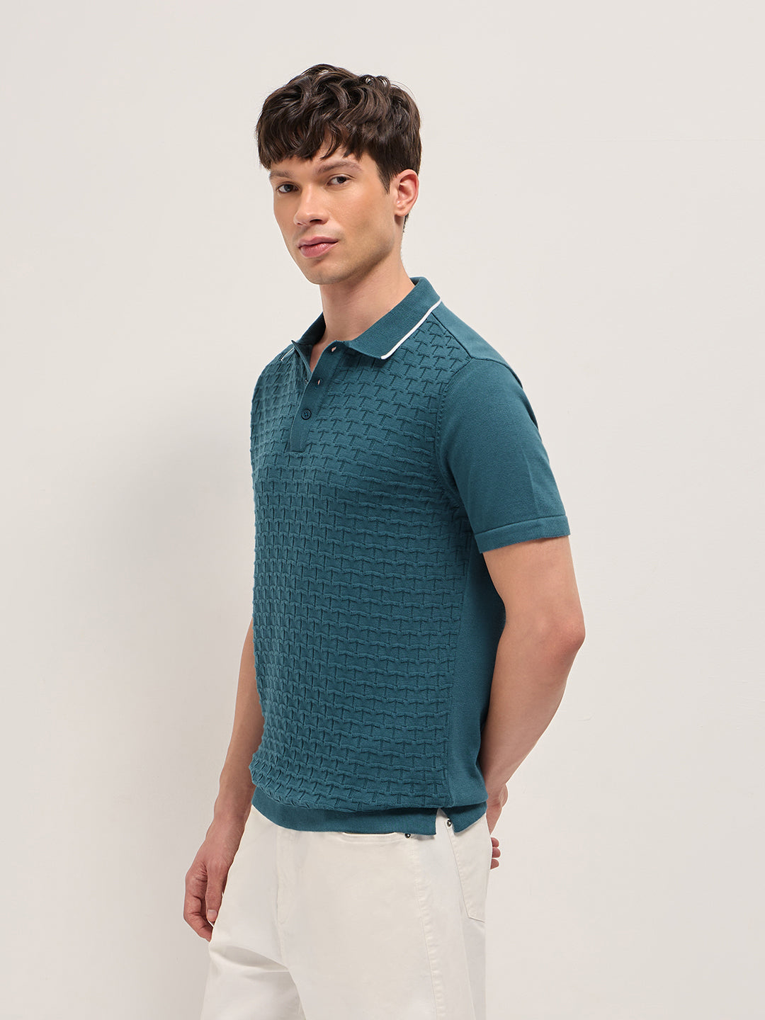 Men Cotton Geometric Textured Knit Polo Shirt POL-SLICE-TL