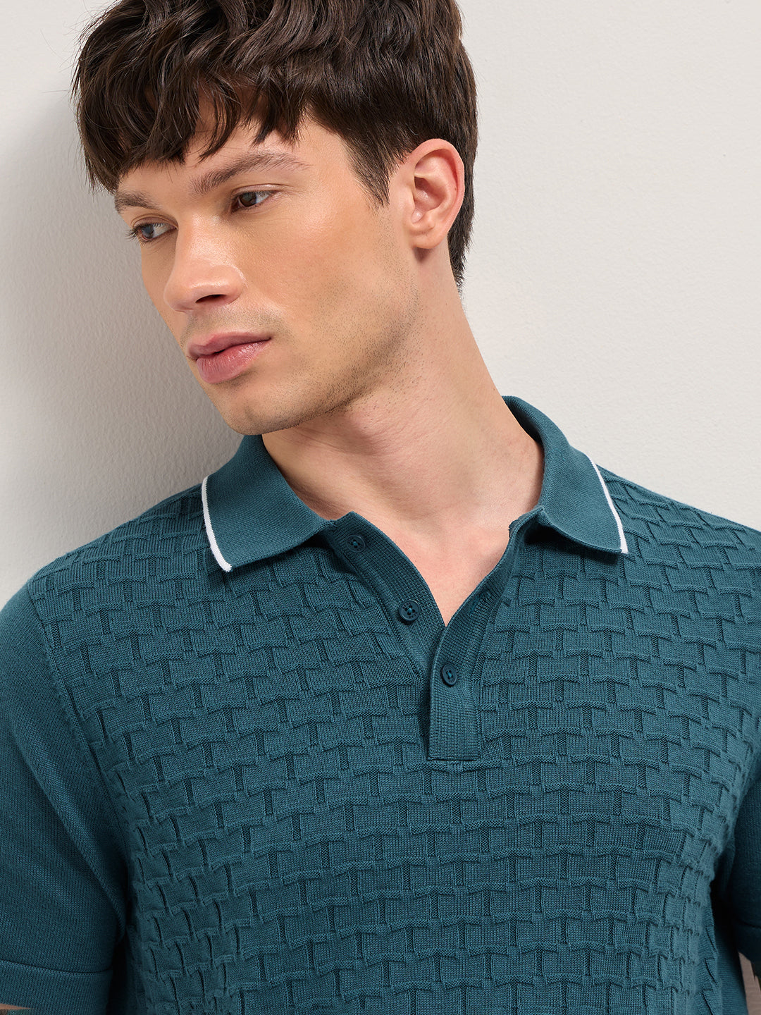 Men Cotton Geometric Textured Knit Polo Shirt POL-SLICE-TL
