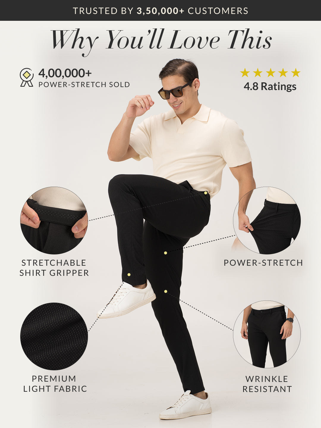 Pant Project black stretchable trousers with full front view with features