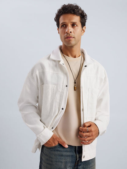 White Solid Corduroy Jacket