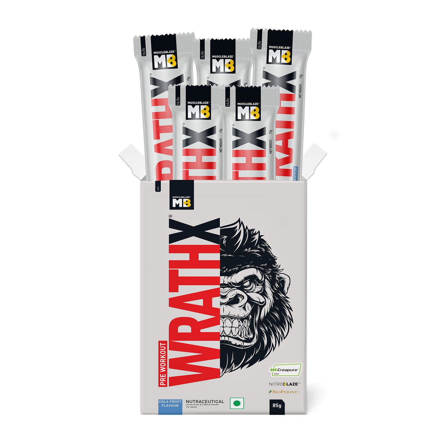 MuscleBlaze Pre Workout WrathX with Creapure, Nitroblaze & BioPerine (Cola Frost, 85g, Pack of 5) | MuscleBlaze at Broadway