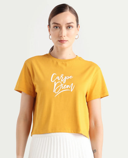 Rareism Women's Ronfel-R Mustard Cotton Regular Typography Print T-Shirt | RAREISM at Broadway