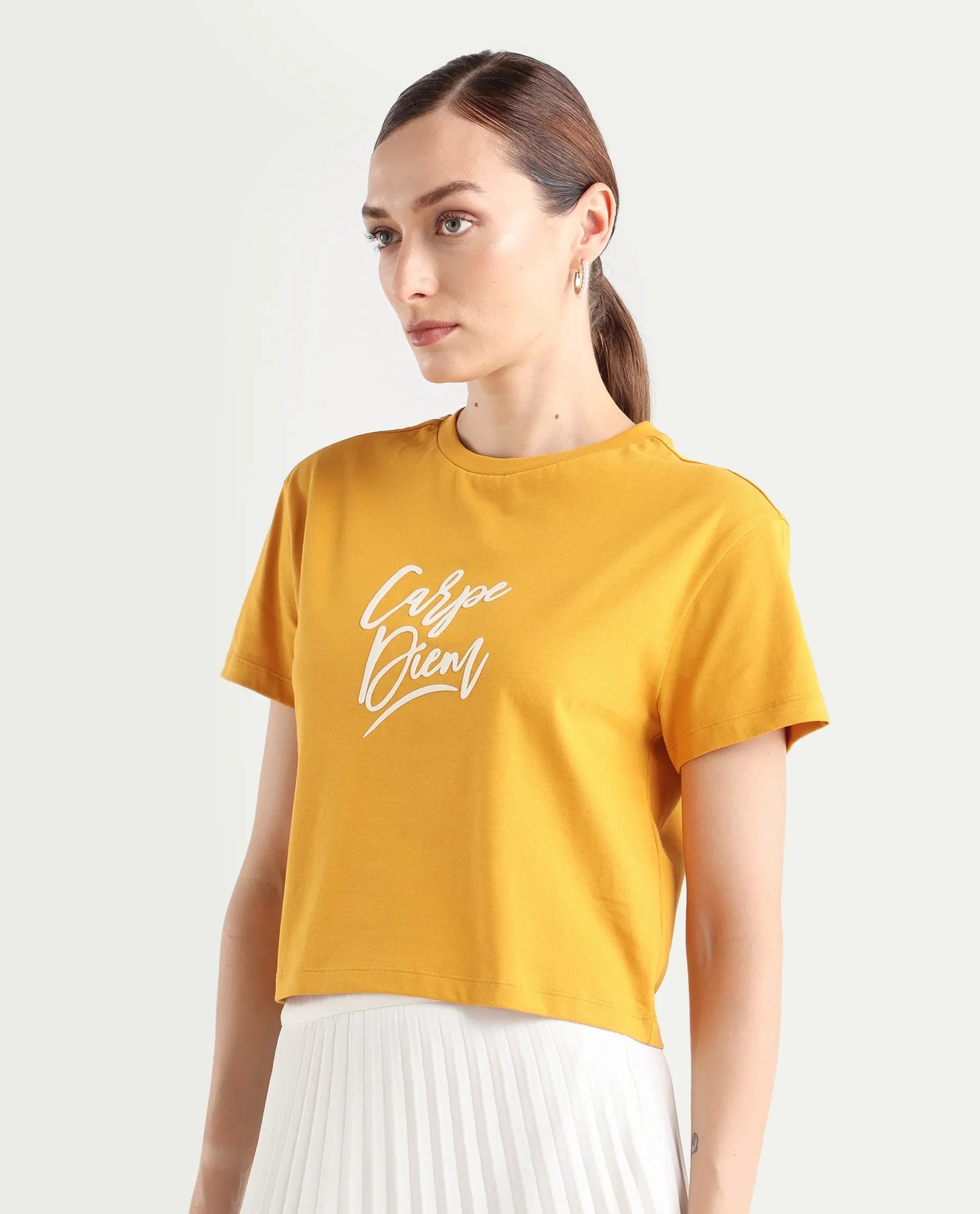 Rareism Women's Ronfel-R Mustard Cotton Regular Typography Print T-Shirt | RAREISM at Broadway