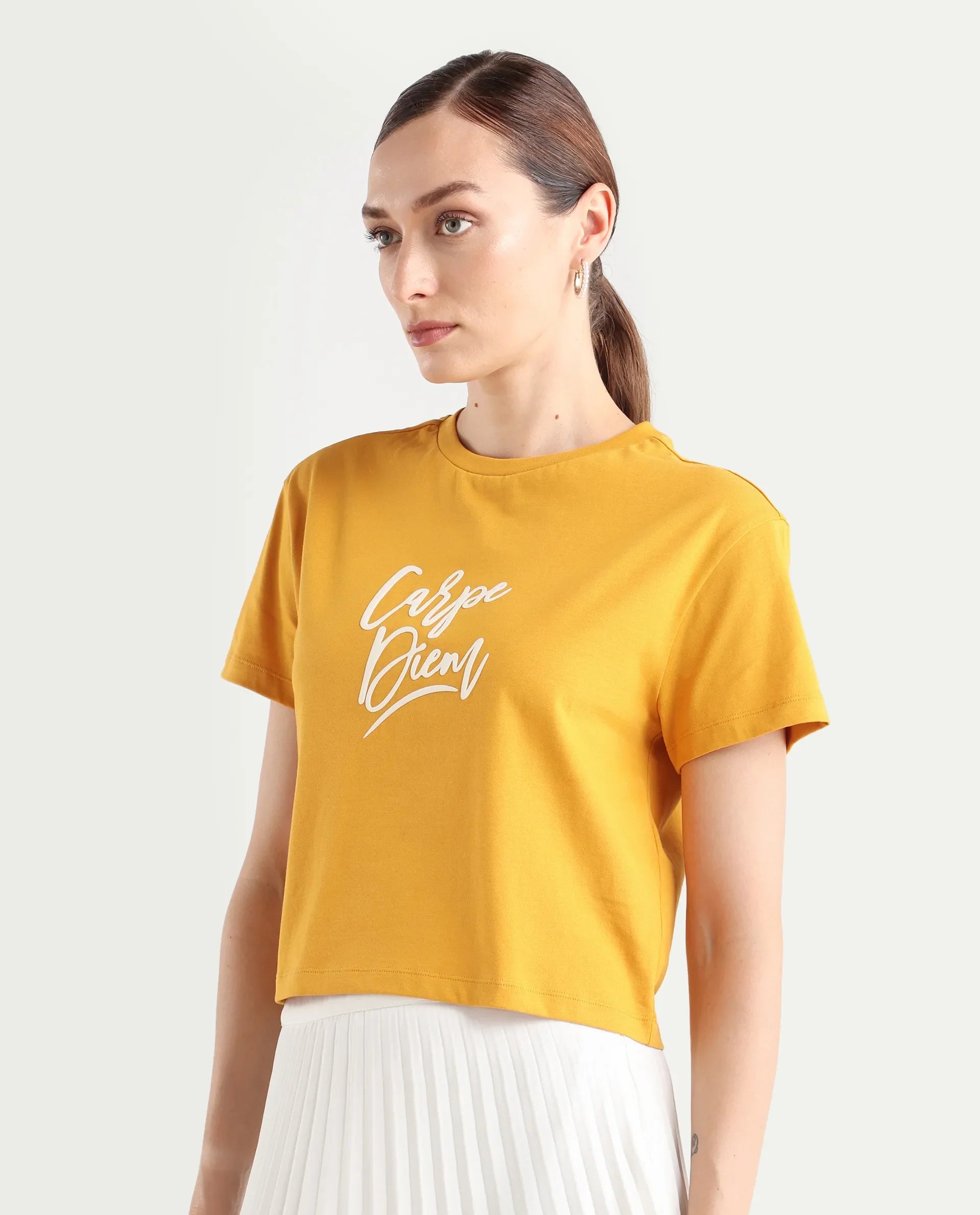 Rareism Women's Ronfel-R Mustard Cotton Regular Typography Print T-Shirt | RAREISM at Broadway