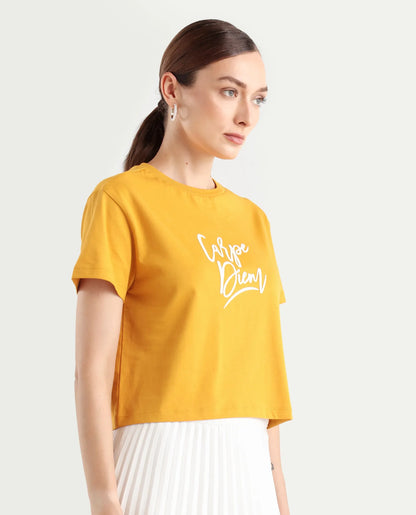 Rareism Women's Ronfel-R Mustard Cotton Regular Typography Print T-Shirt | RAREISM at Broadway
