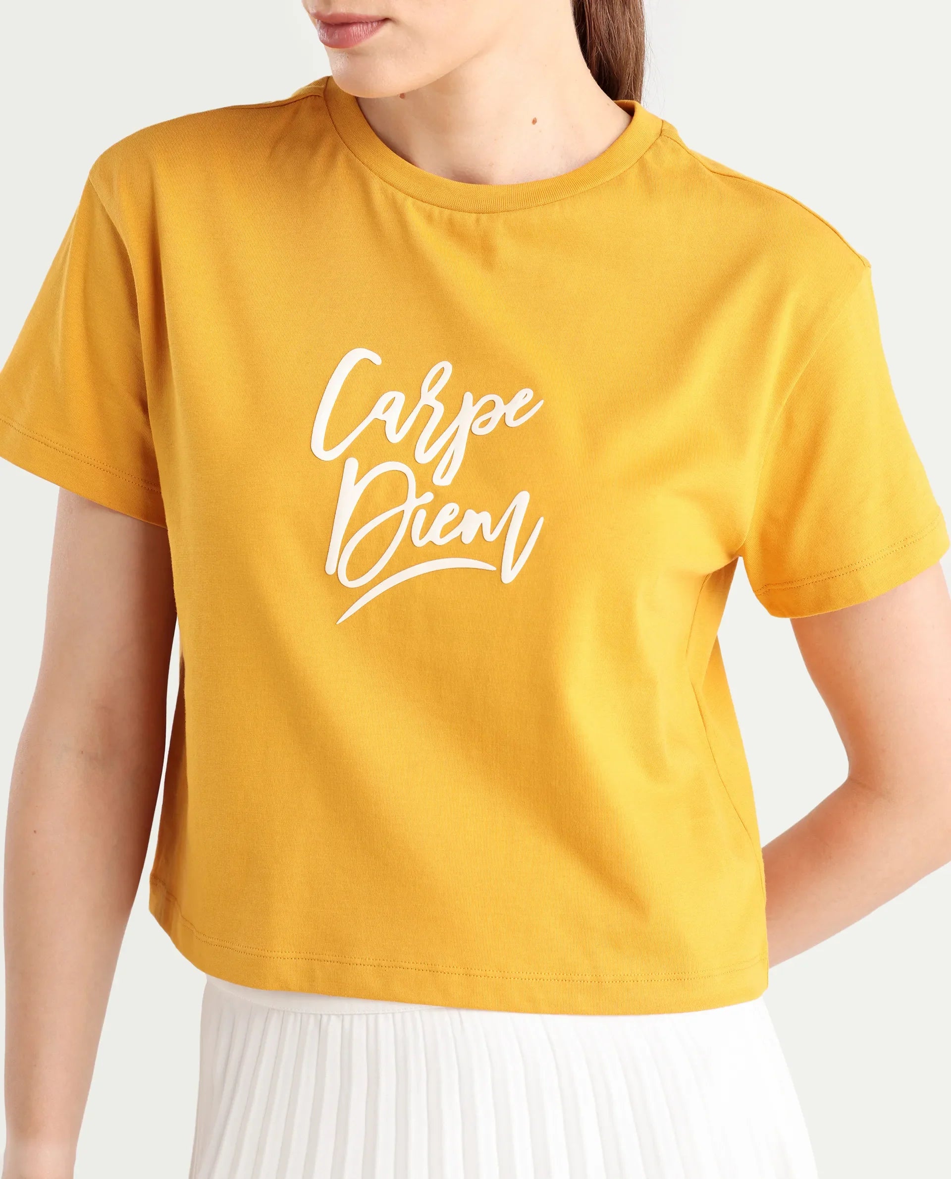Rareism Women's Ronfel-R Mustard Cotton Regular Typography Print T-Shirt | RAREISM at Broadway